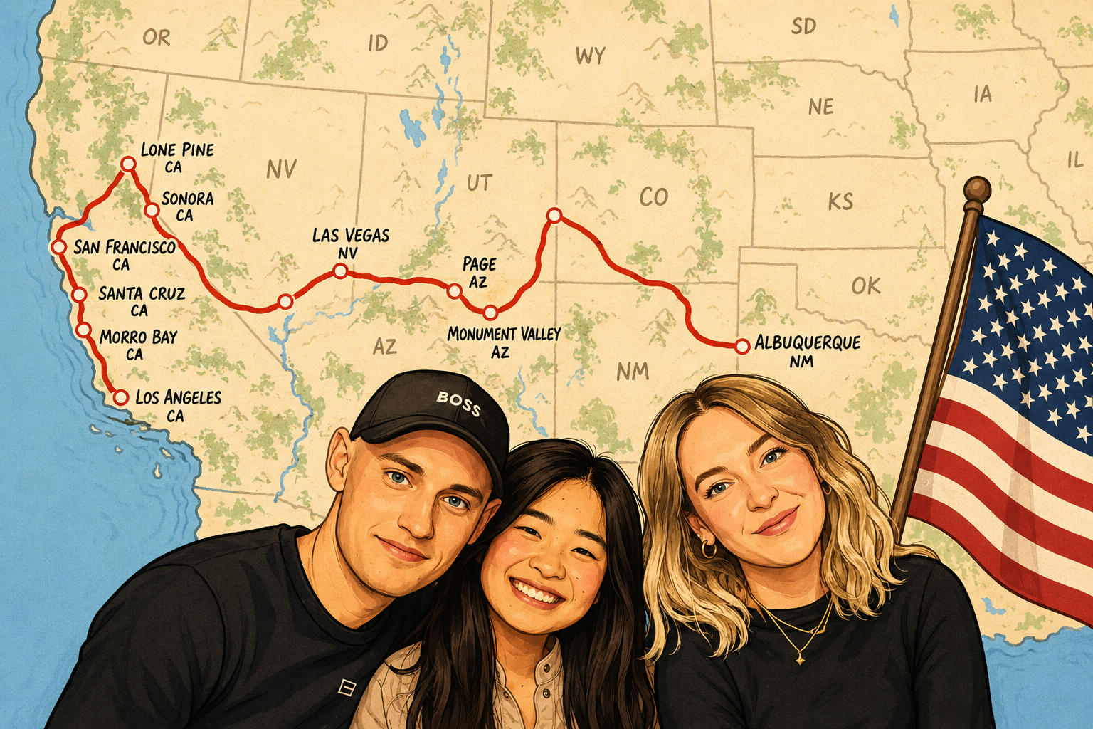 Geïllustreerde routekaart van Albuquerque naar Los Angeles met de drie reizigers en de Amerikaanse vlag
